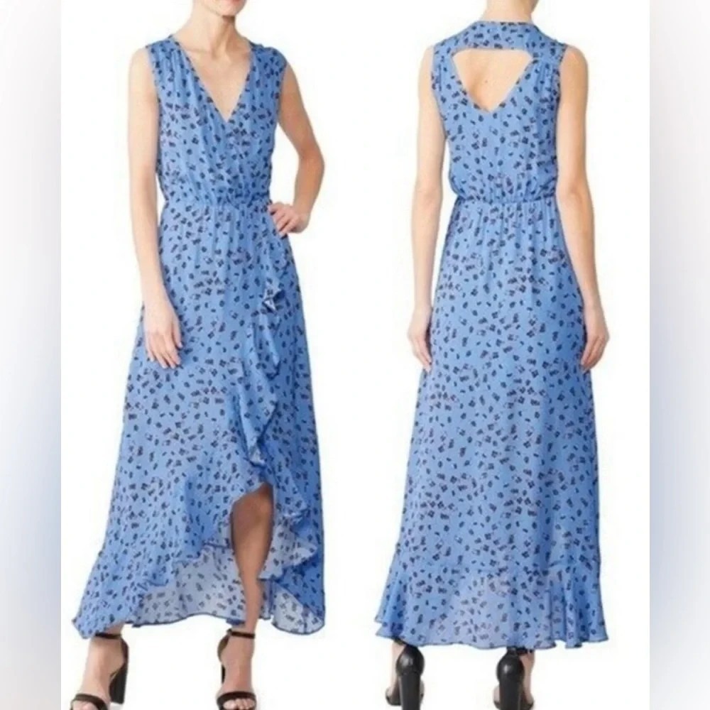 Parker Dress Women XXL Blue Floral Sleeveless Maxi Ruffle Key Hole Back Romantic